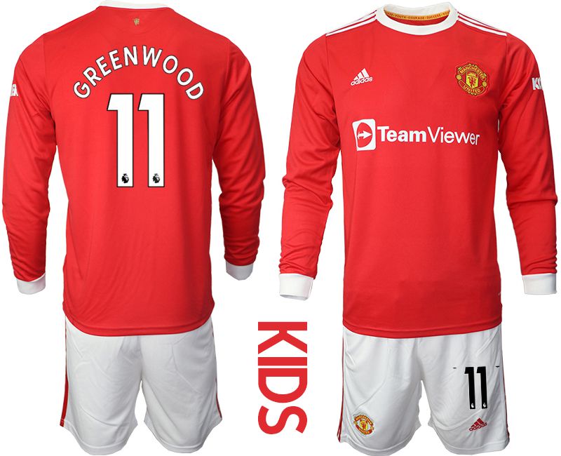 Youth 2021-2022 Club Manchester united home red Long Sleeve #11 Soccer Jersey->youth soccer jersey->Youth Jersey